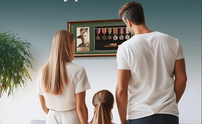 A family looking at a framed pictureDescription automatically generated