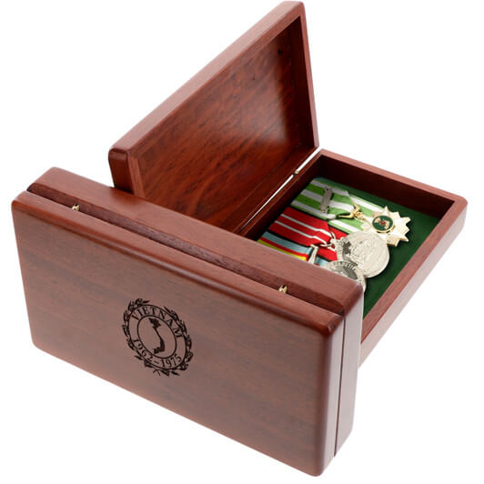 Jarrah Medal Case w/ Vietnam Crest Beautiful Jarrah medal box with room for up to 10 court mounted medals. Laser engraved on the lid with the Vietnam Crest This box is perfect for keepmg those family medals or other heirlooms safe and