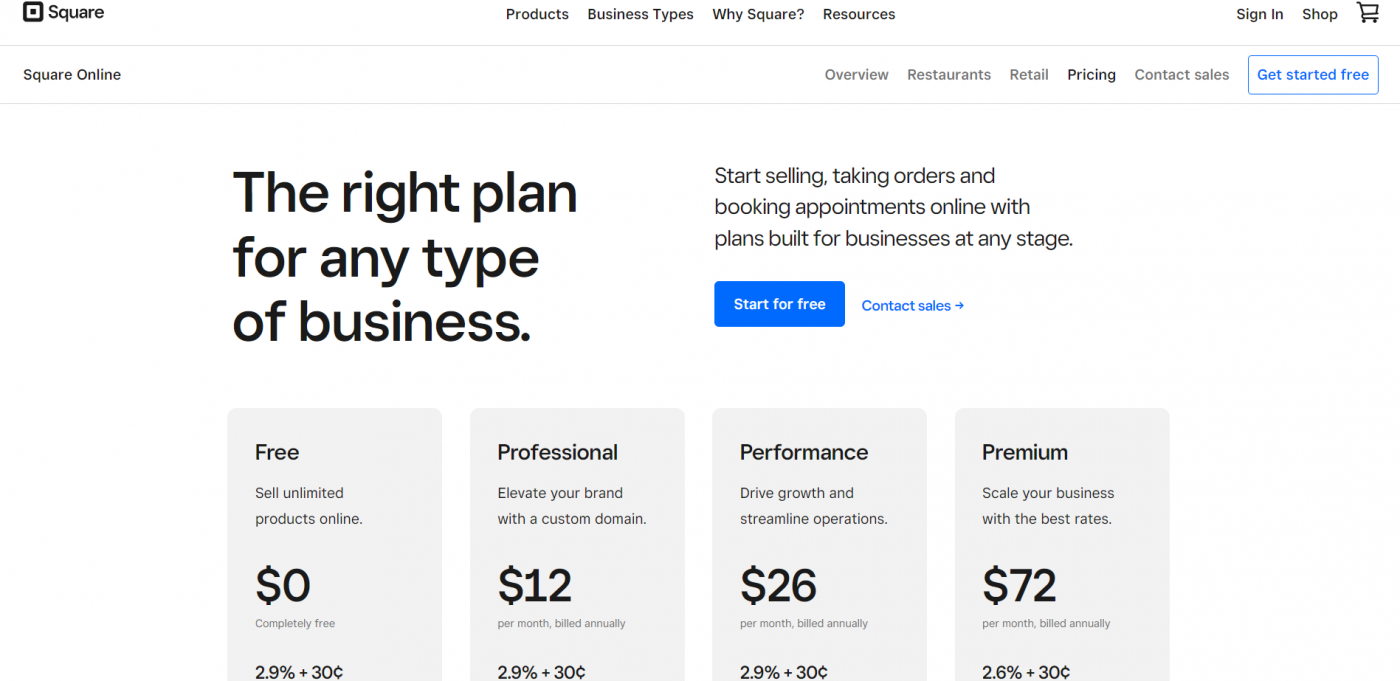 Square Online pricing plans