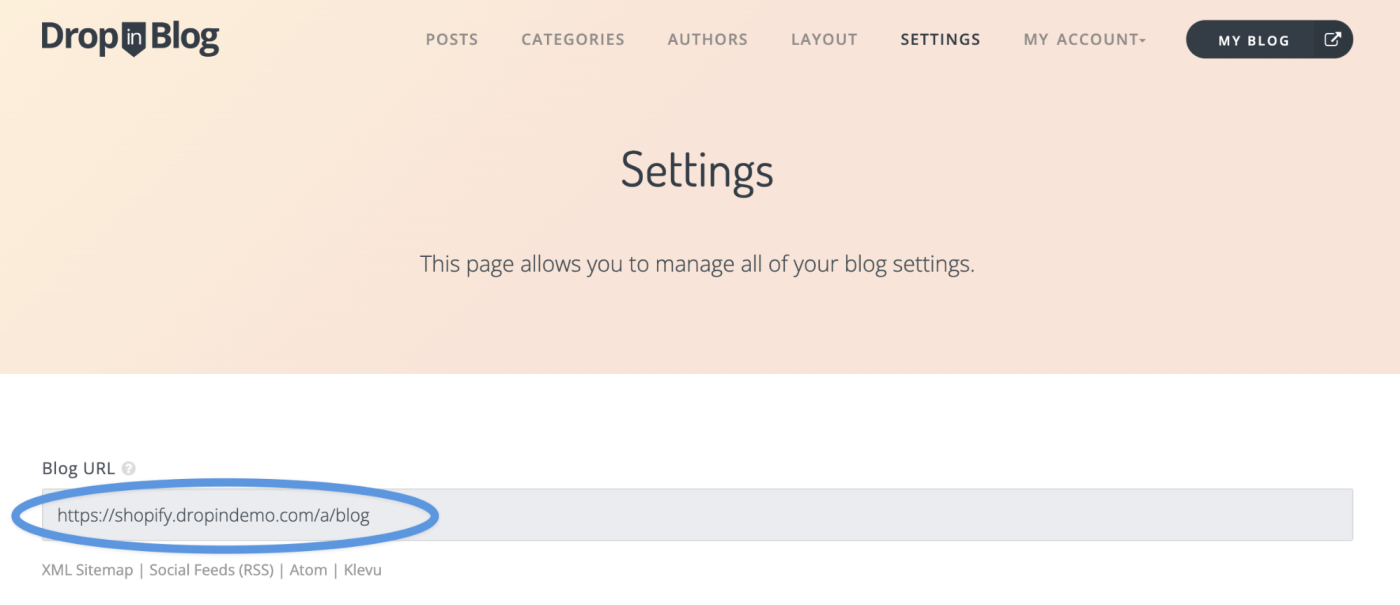 Add Shopify Blog URL to Dropinblog account