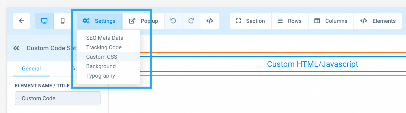 Dropdown in the HighLevel showing the "Custom CSS" option