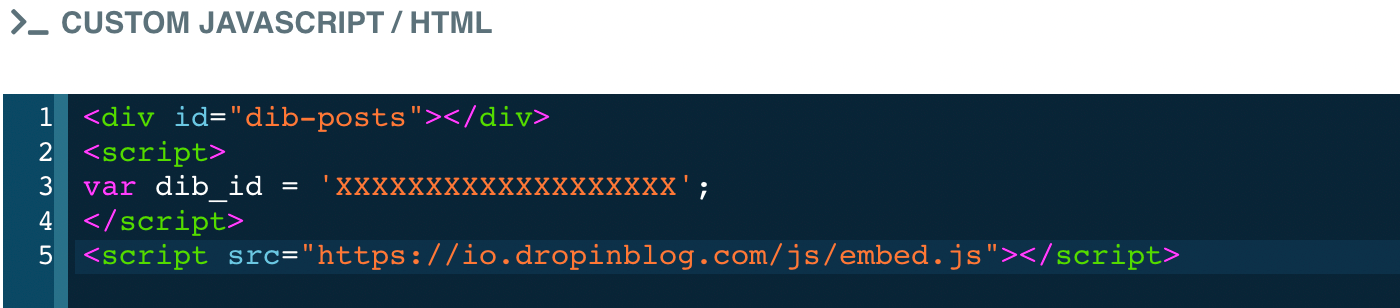 Code editor dialog open for the custom code element, DropInBlog code has been added