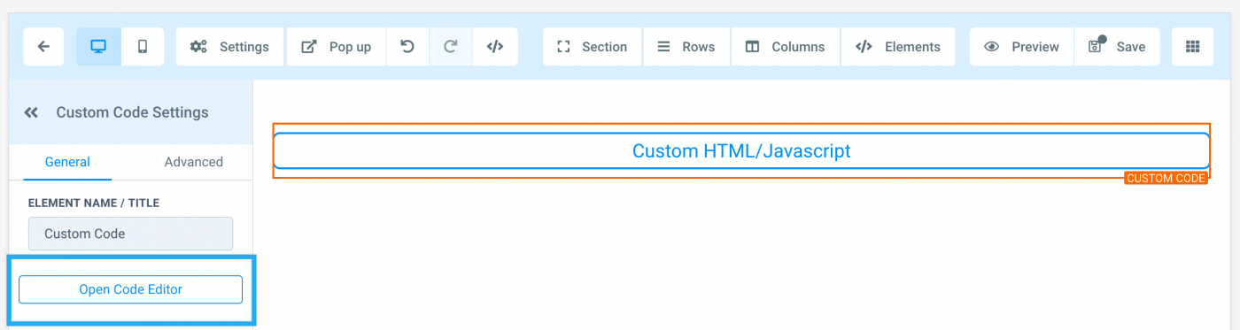 Custom JS and HTML element on the page and selected, with the options showing for it in the left sidebar. A button labelled "Open Code Editor" has been highlighted