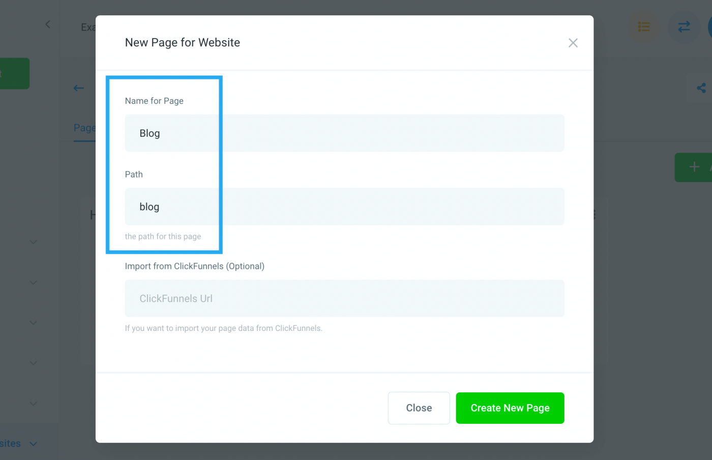 New page dialog, with "blog" as the page slug and "Blog" as the page title