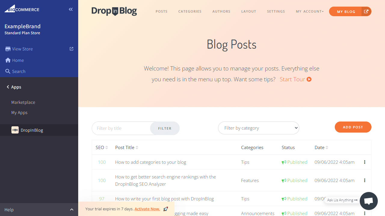 bigcommerce dropinblog dashboard
