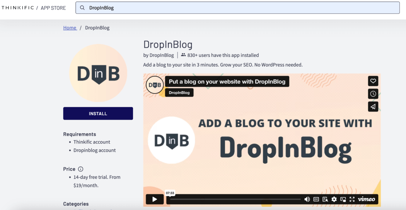Install DropinBlog App on a Thinkific site