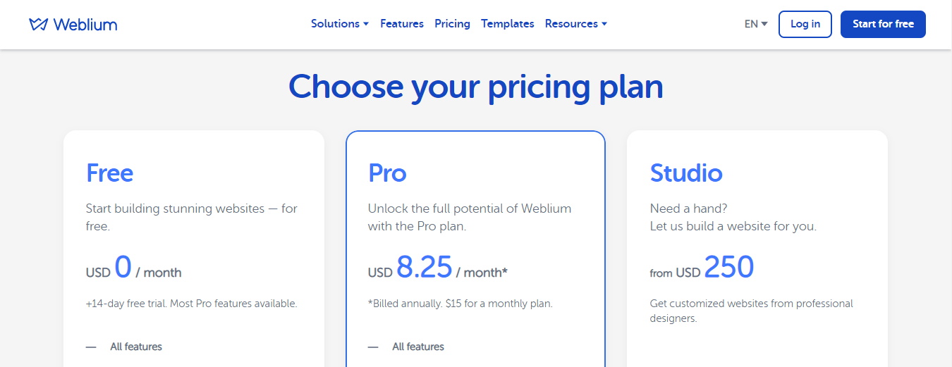 Weblium vs Shopify weblium pricing plans