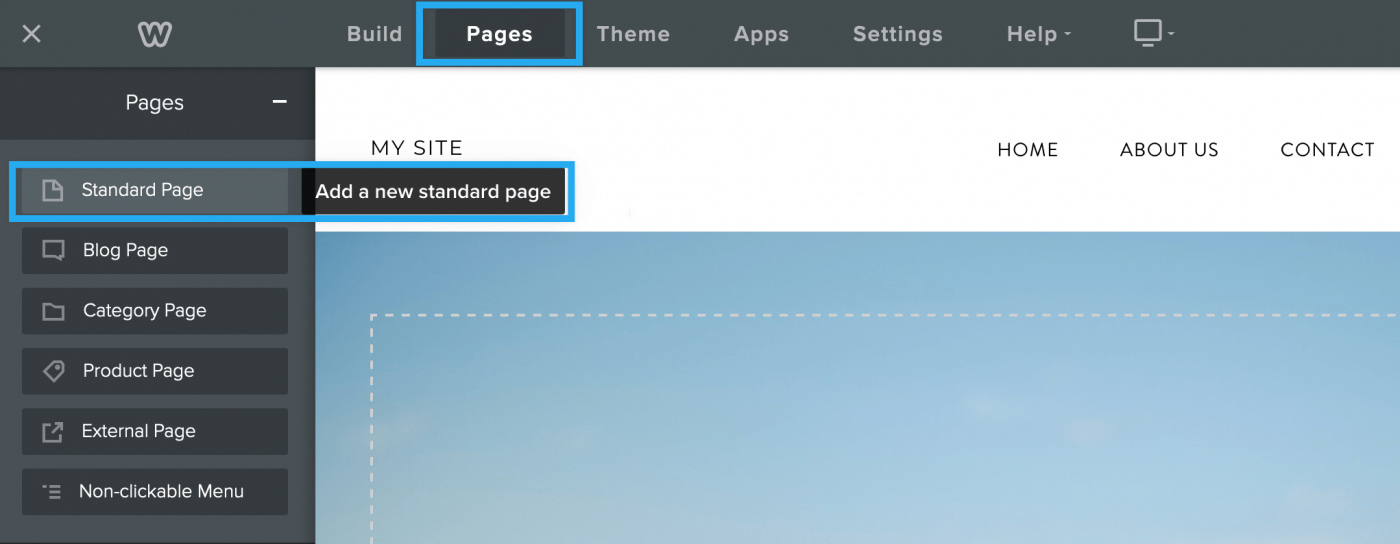 Screenshot of Weebly with a Standard page being added