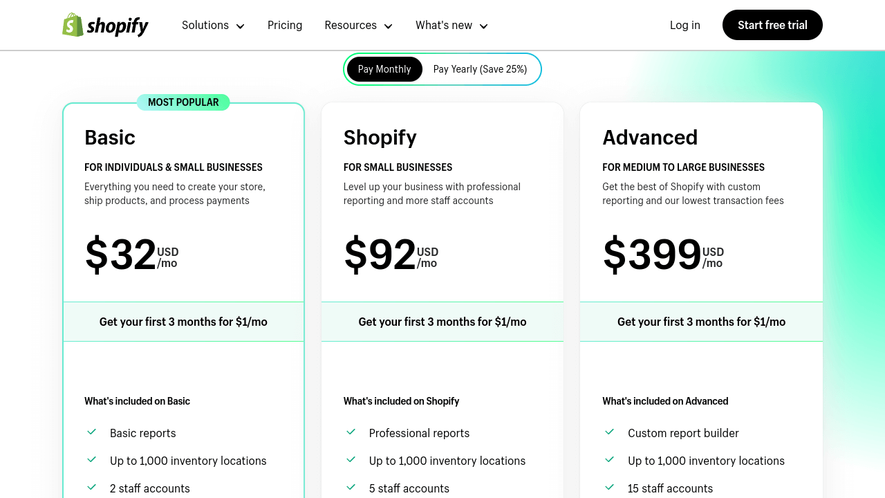 Weebly vs Shopify: Shopify pricing