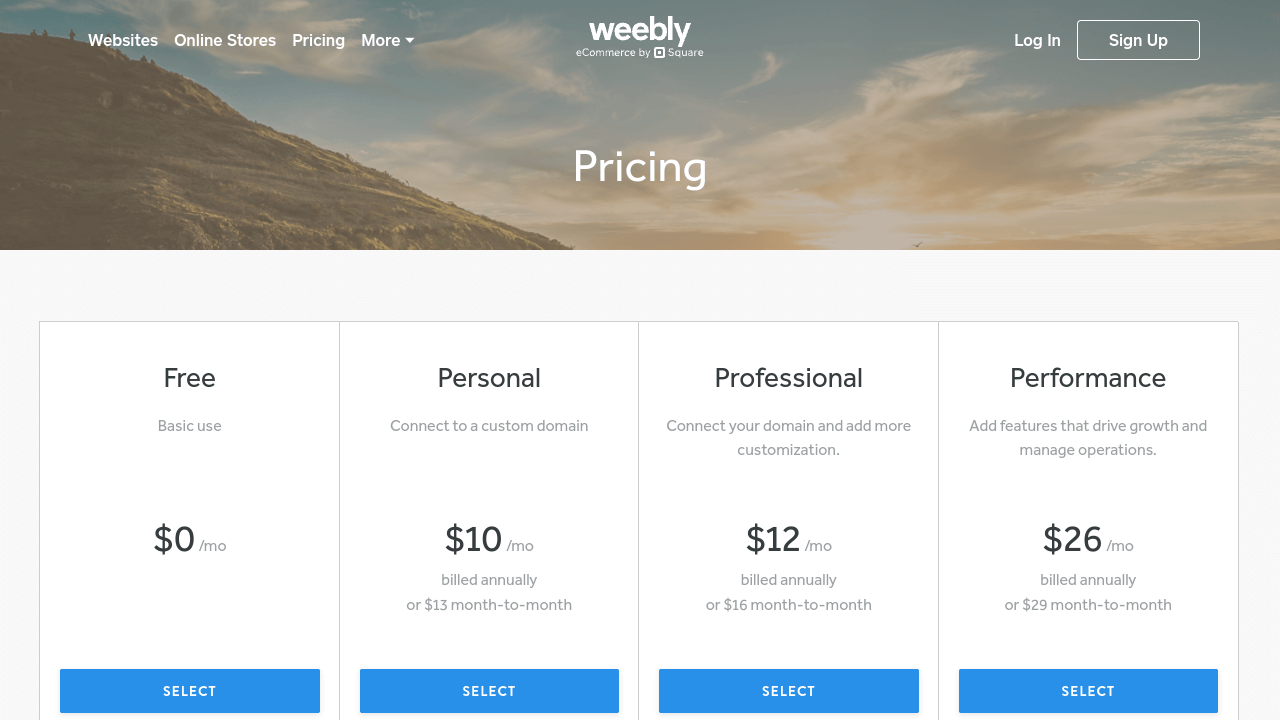 Weebly vs Shopify: Weebly pricing