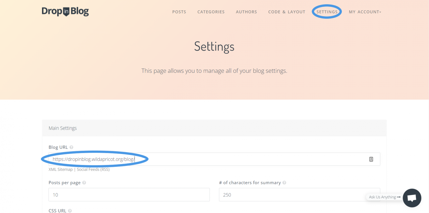 DropInBlog settings paste URL