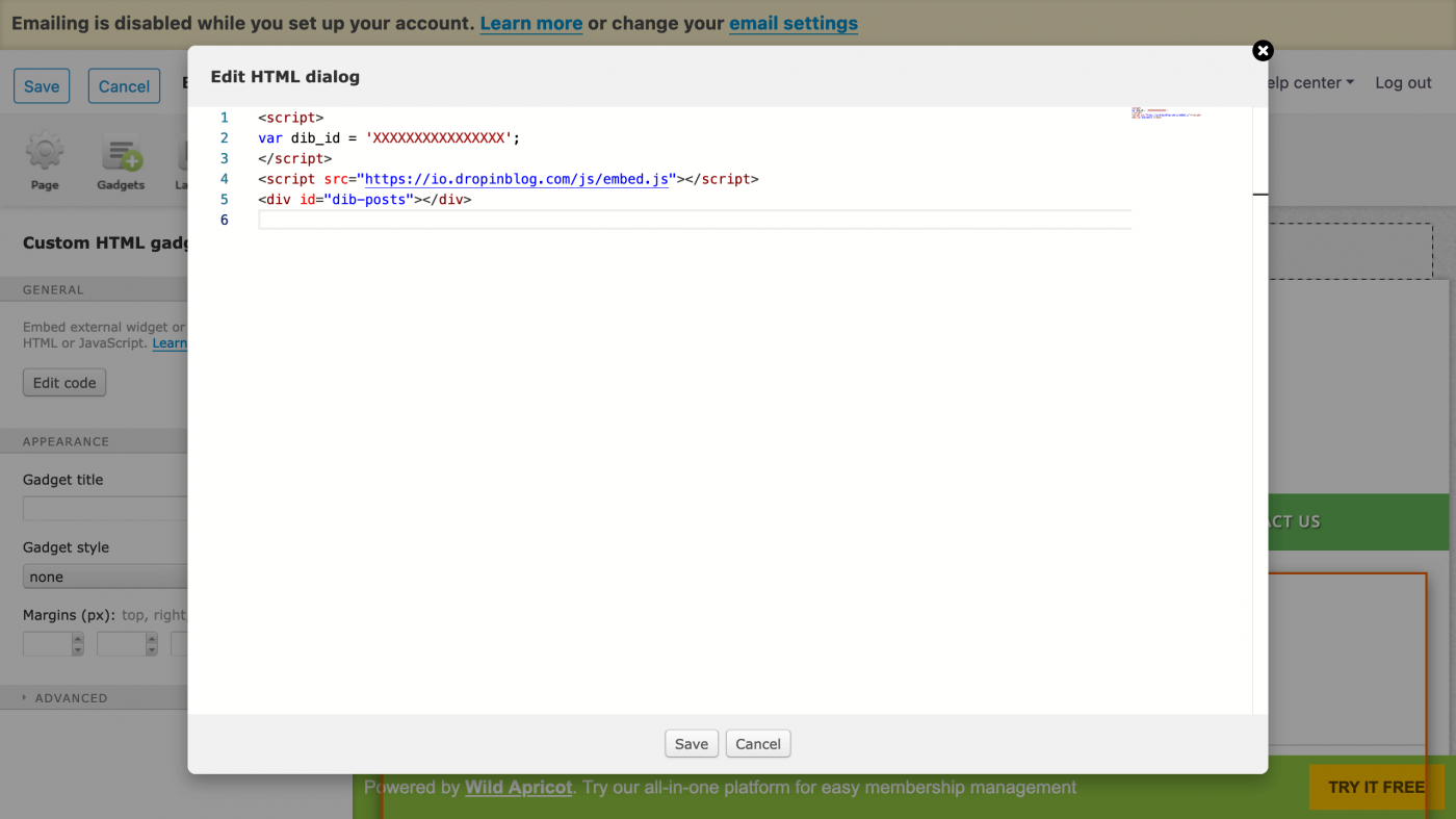 DropInBlog code snippets paste code WildApricot
