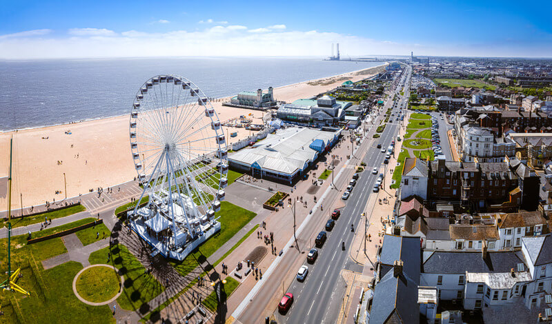 Aerial view of Great Yarmouth seafront with Big Wheel