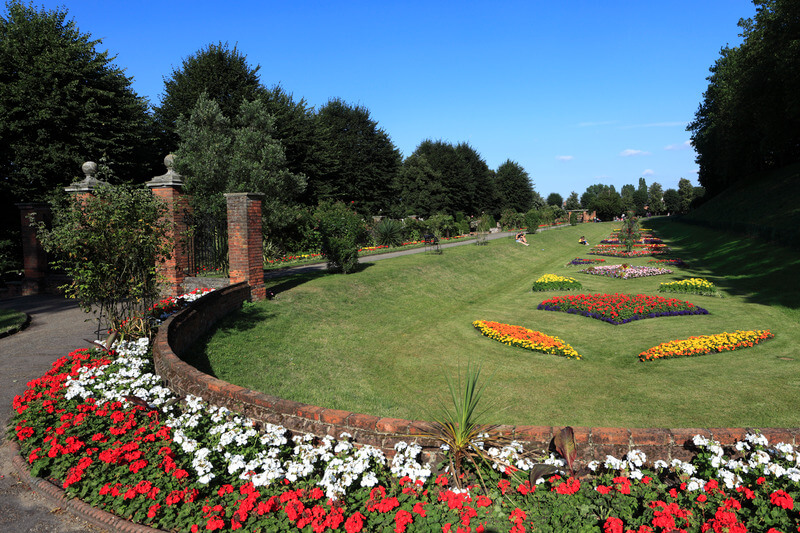 Colchester Castle grounds and flowers in the summer