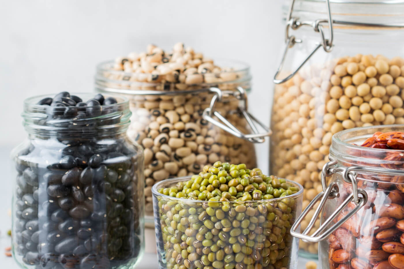 Jars full of different legumes add dietary fiber to a bariatric meal plan