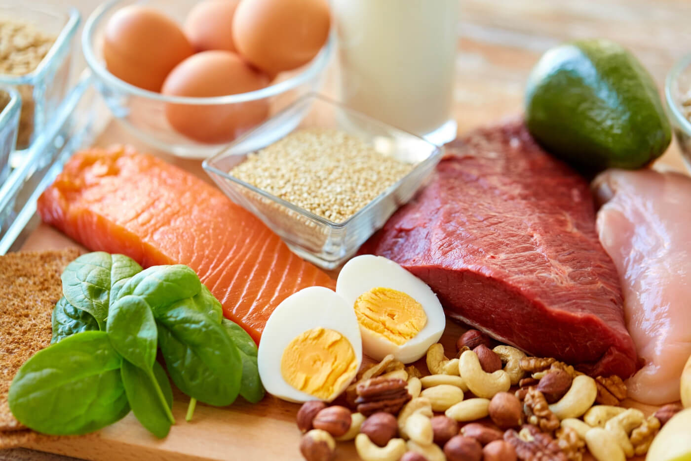 A plate full of multiple sources of protein which is very important to consider during bariatric meal planning