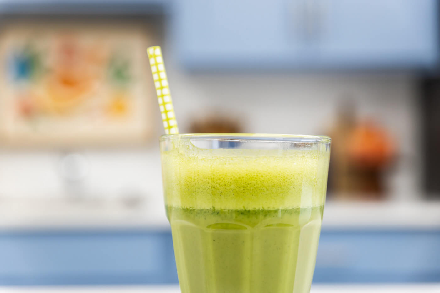 Close up of Matcha Green Tea Protein Smoothie in a glass | Bariatric Friendly Recipes