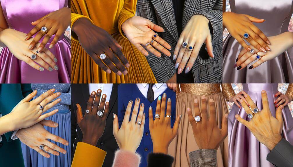 A montage of the hands of women of all races, each with one or more diamond rings on their fingers