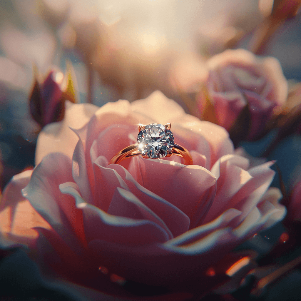 buy yourself a diamond ring. The image is of a single, radiant diamond ring delicately placed atop a blooming rose, symbolizing self-love and empowerment, with a soft, glowing background to evoke warmth and positivity. 