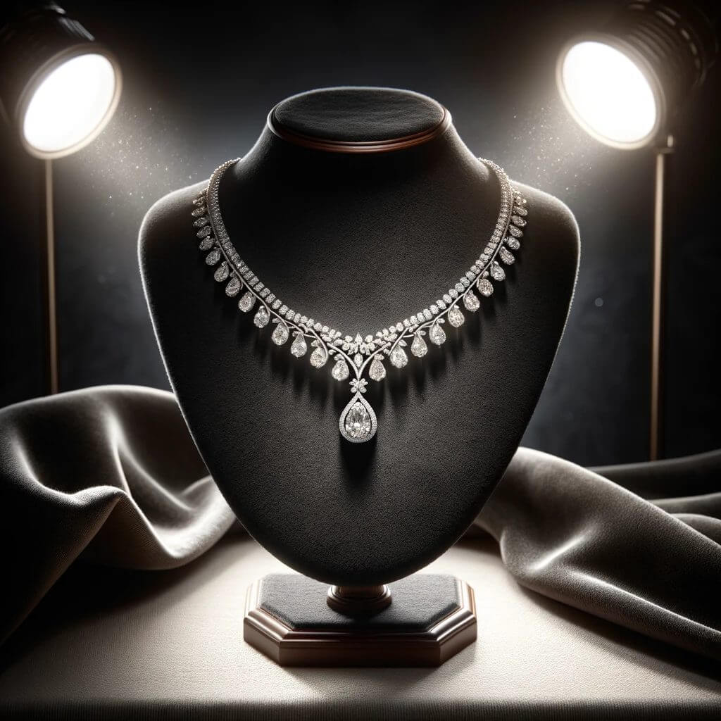 High-resolution photography of a luxurious diamond necklace draped over a velvet stand, elegantly displayed. The image should evoke sophistication