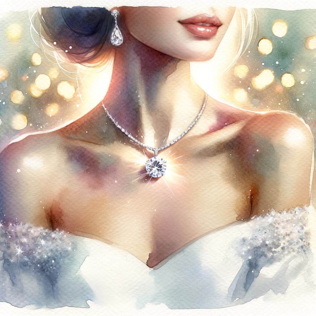 A whimsical, watercolor painting of a woman's neckline with a delicate delicate diamond pendant necklace, against a backdrop of soft, blooming flowers, creating a dreamy, romantic atmosphere.