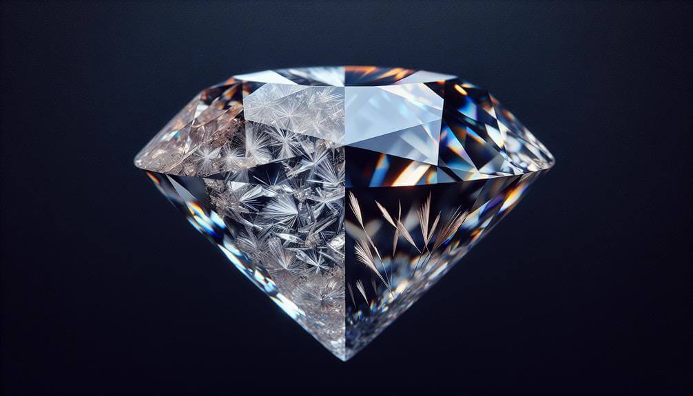 A representation of a diamond in two halves, one showing perfect diamond clarity, the other half showing inclusions and imperfections.