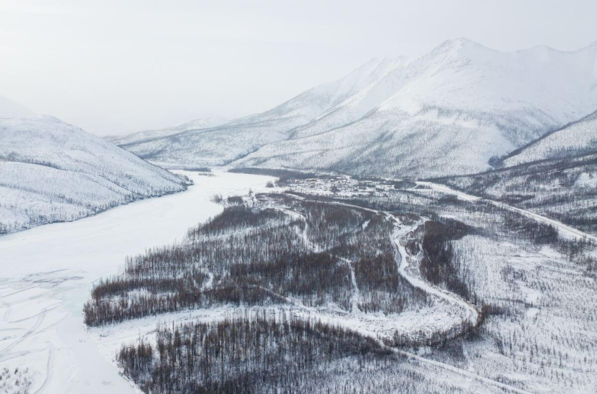 Winter road along the Kolyma highway among the mountains in Yakutia