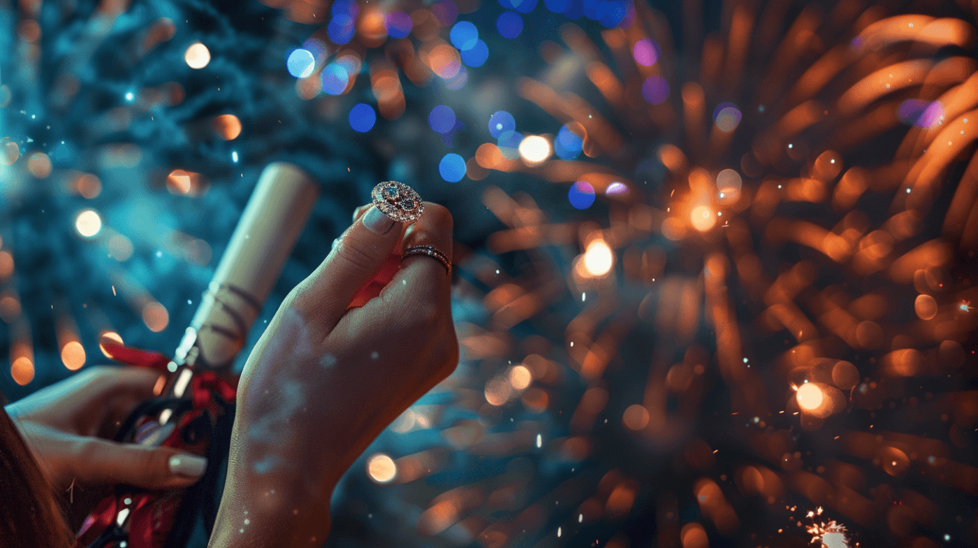 a hand wearing a radiant diamond ring, holding a diploma and a small trophy, with fireworks in the background, symbolizing the celebration of personal achievements and self-love.
