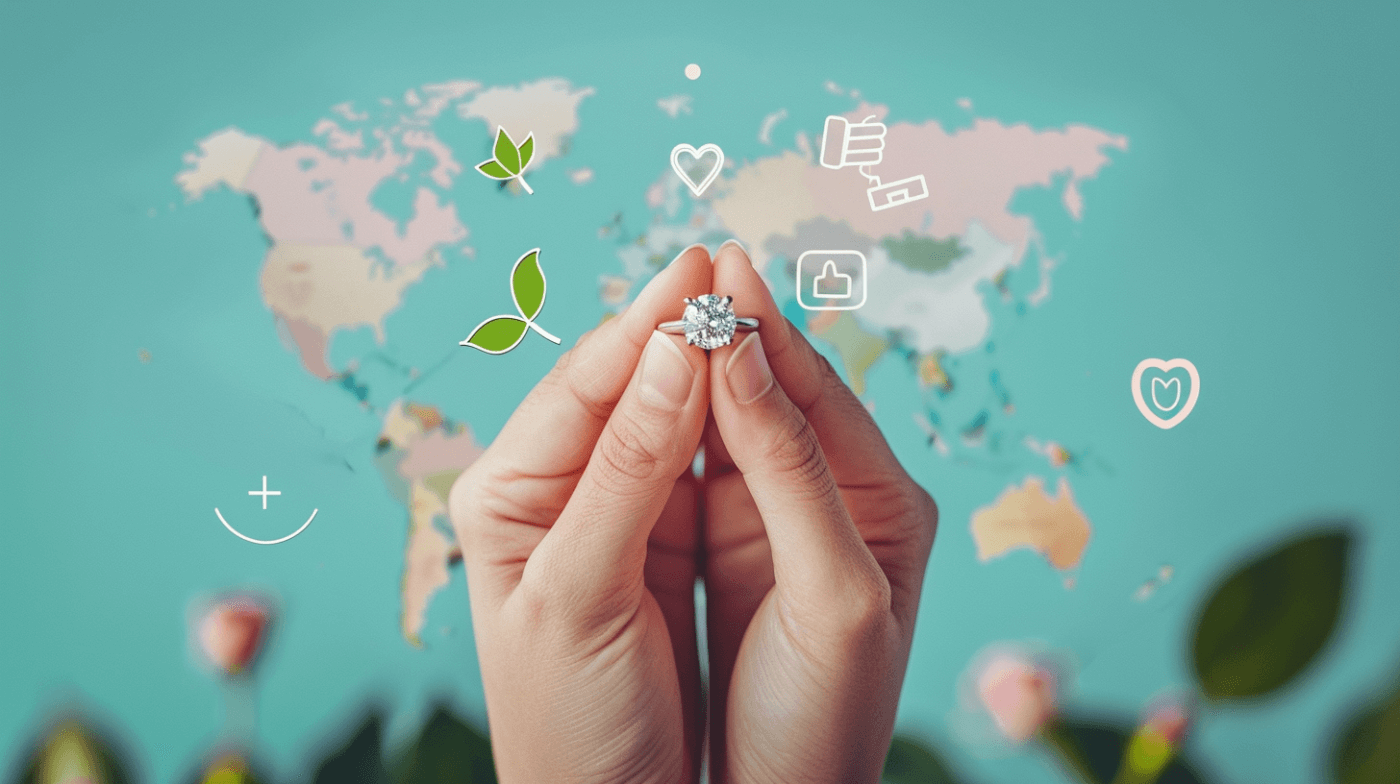 a hand wearing a diamond ring, with a world map in the background. Include symbols for ethical sourcing: a heart, a leaf, and a handshake, all subtly integrated into the continents.