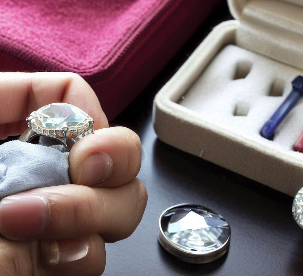 essential jewellery tips - image of a hand gently polishing a diamond ring, with a soft cloth and jeweler's cleaner nearby. Include a velvet-lined jewelry box in the background with a few pieces of jewelry inside.