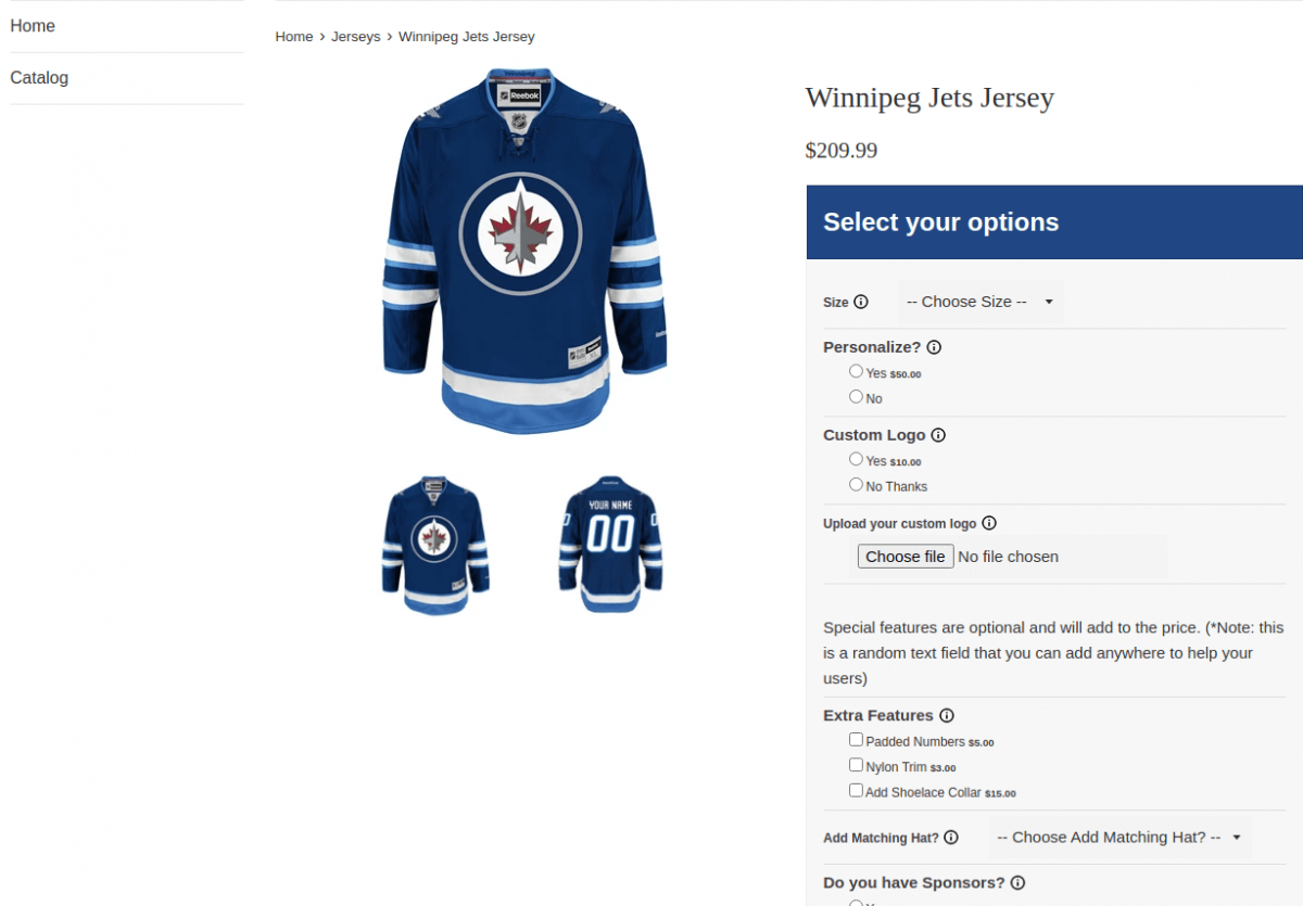 product options hockey jersey configurator