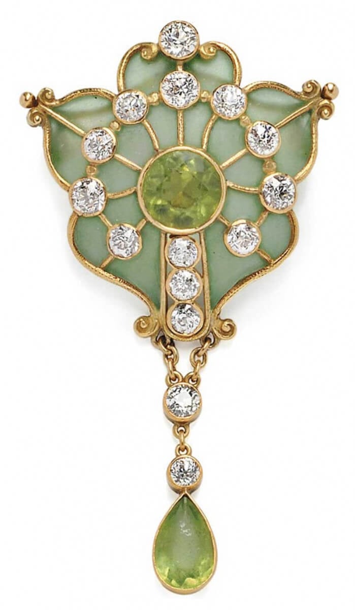 Art Nouveau Plique-a-Jour enamel, peridot, and diamond brooch by Marcus & Co., c.1900