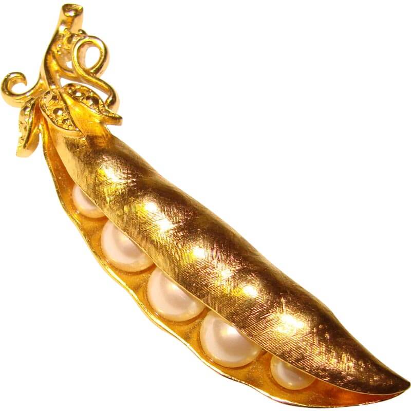 Trifari Gold Pearl Pea Pod Brooch Pin