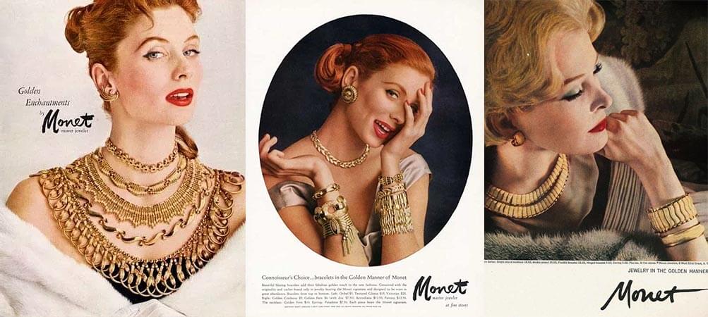 Monet Gold Plated Jewelry Ads, 1950s 