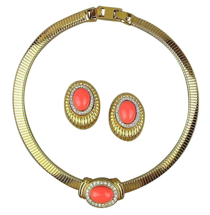 Vintage Monet Necklace and Earrings Set, Faux Coral Stones and Rhinestones, 1980s