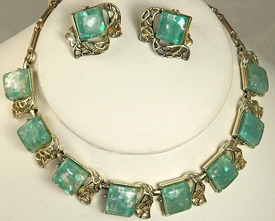 CORO Confetti Lucite Square Necklace and Earrings Set – 1950s