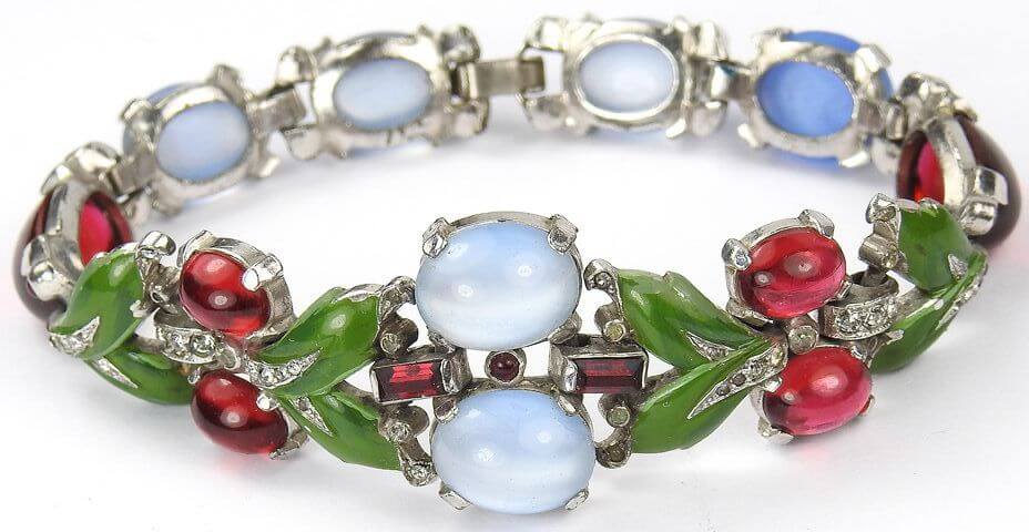 Trifari Blue Moonstone, Ruby Cabochons and Enamelled Leaves Bracelet designed by Alfred Philippe