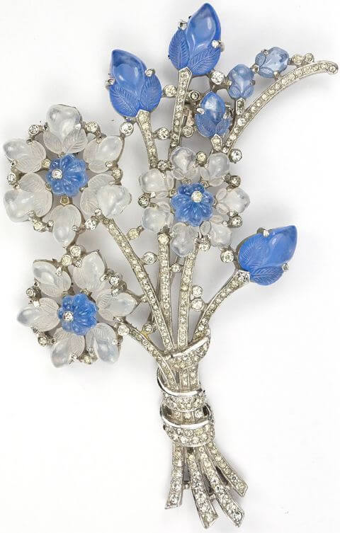 Trifari Blue and White Moonstone Floral Pin designed by Alfred Philippe