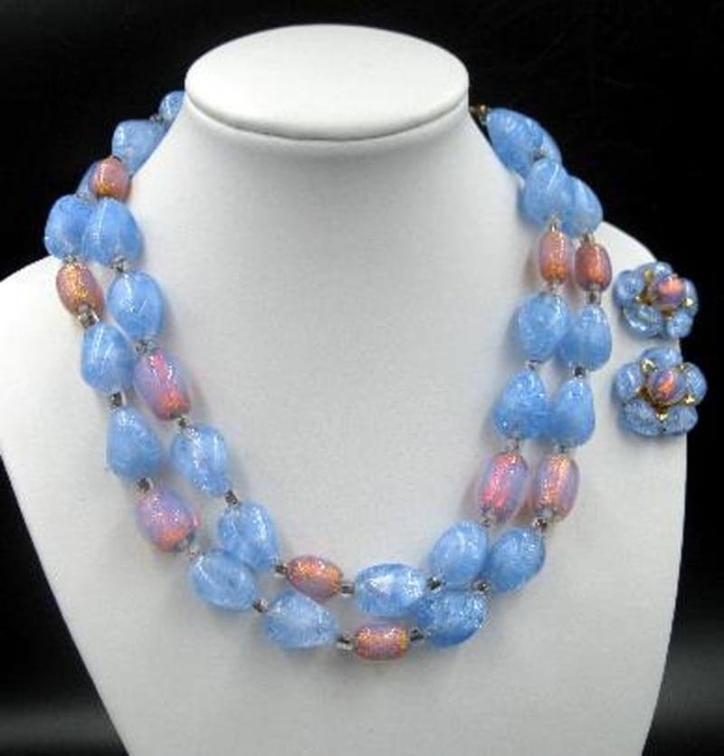 Vintage Coro Pink Opalescent Glass & Blue Lucite Necklace and Earrings – 1950s