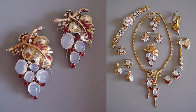 Trifari earrings, necklace, bracelet ande brooches with faux moonstones made from lucite