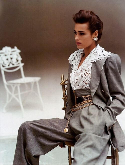 80s Jewelry Yasmin Le Bon wearing a power suit, Vogue Paris, March 1988
