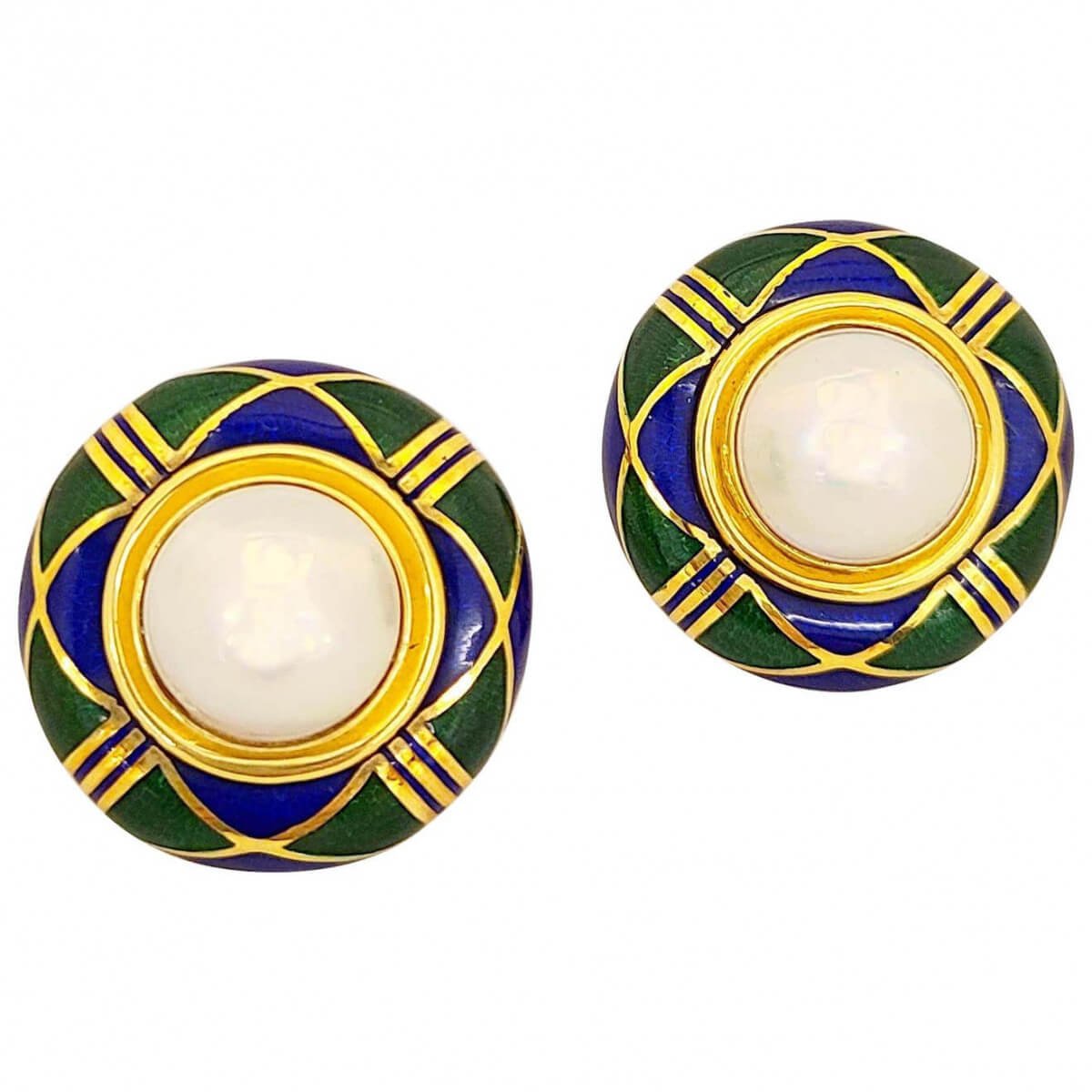 80 jewelry Cellini 18 Karat Yellow Gold Enamel Earrings with Mabe Pearl Centers