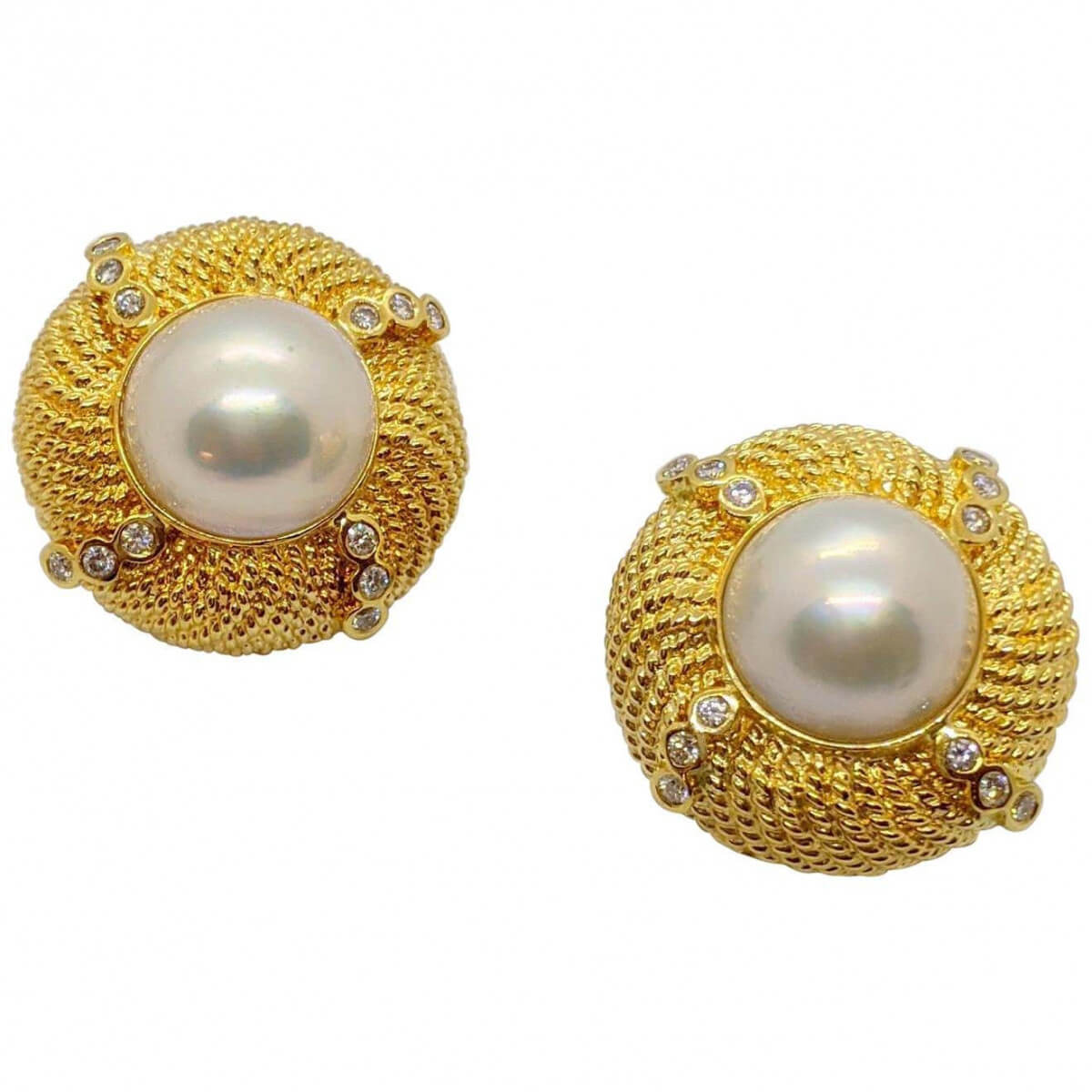 80s jewelry 18-Karat-Yellow-Gold-Mabe-Pearl-Button-Earrings-with-72-Carat-Diamonds