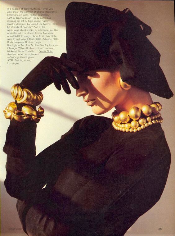 80s Jewelry large and bold gold necklaces and bracelets, Vogue US, August 1985