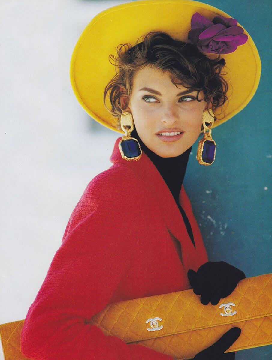 80s Jewelry, Linda Evangelista wearing large gemstone earrings, Vogue Us, late ‘80s