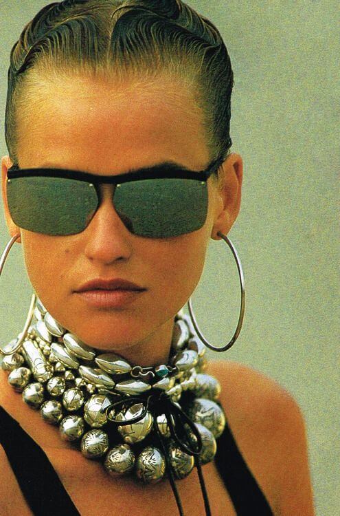 80s jewelry Silver oversize hoop earrings and bulky platinum choker necklace, ELLE US, June 1988 Photographer Gilles Bensimon Model  Michelle Eabry