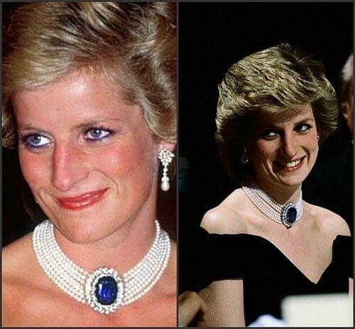 princess diana wearing a pearl choker necklace with a large gemstone, 80s jewelry
