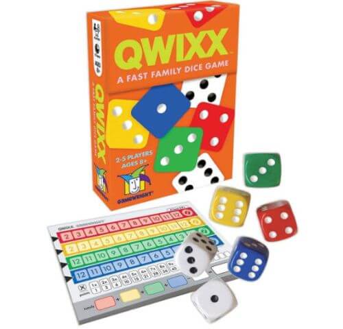 Quixx game box with scorepads and dice