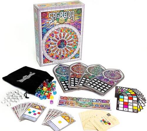 Sagrada box, cards, and bag of dice (Best Dice Games)