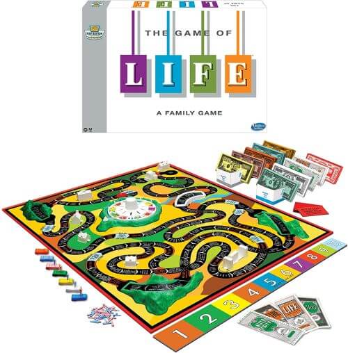 Classic Games: The Game of Life game board, money, and car playing pieces